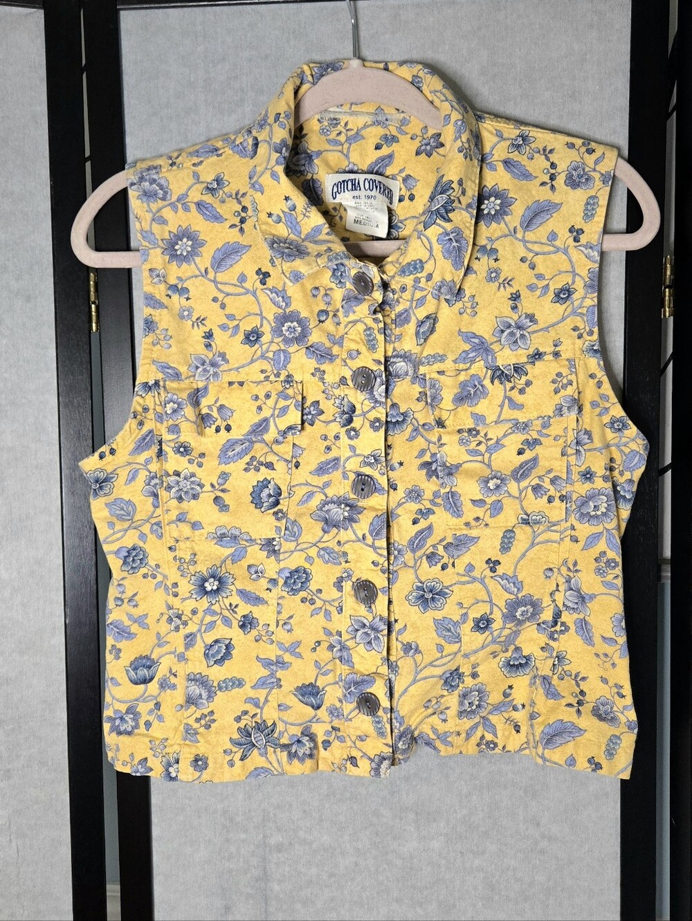 Vintage Yellow Blue Floral Sleeveless Denim Cotton Button Cropped Small Vest